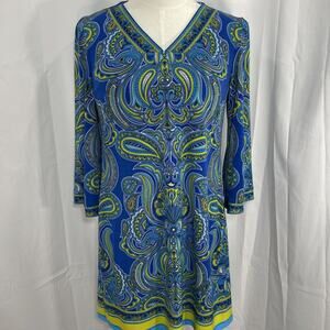 Laundry Shelli Segal Sz 10 Blue Floral‎ Paisley Knit Bell Slv Shift Dress Summer